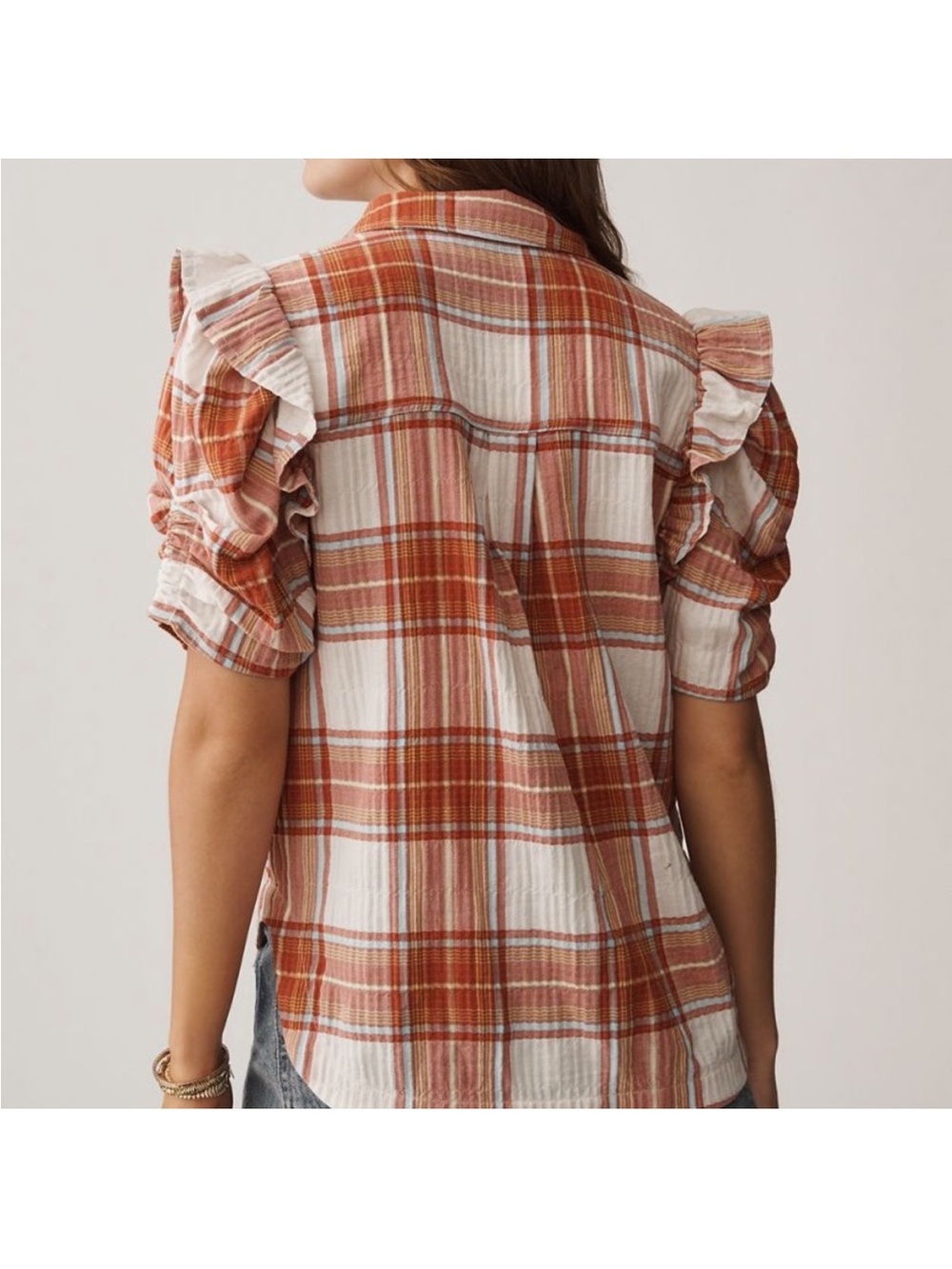 Anthropologie Rust and White Plaid Ruffle-Sleeve Button Down - Picture 2 of 8
